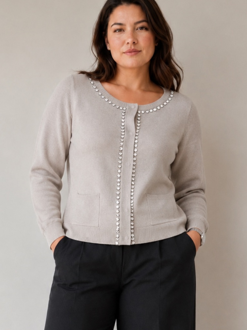 Sioni Rhinestone Trimmed Knit Cardigan
